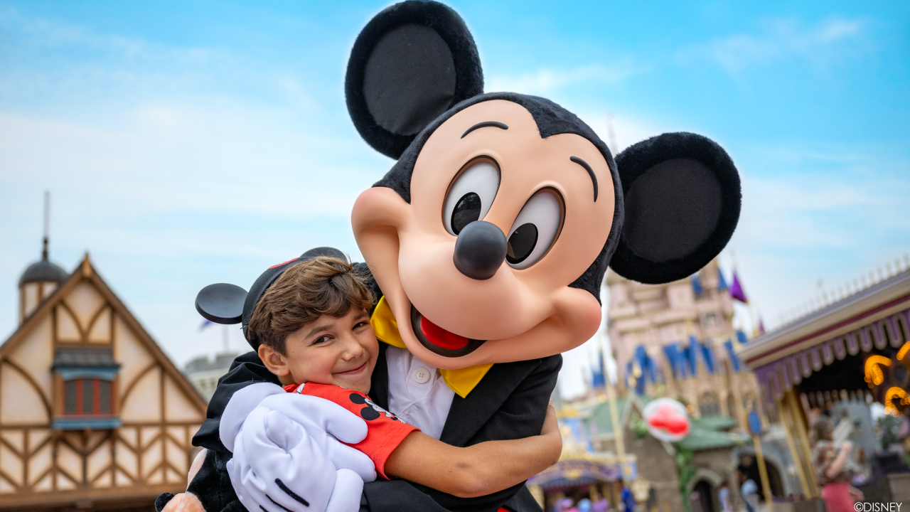 Boy hugging mickey Mouse